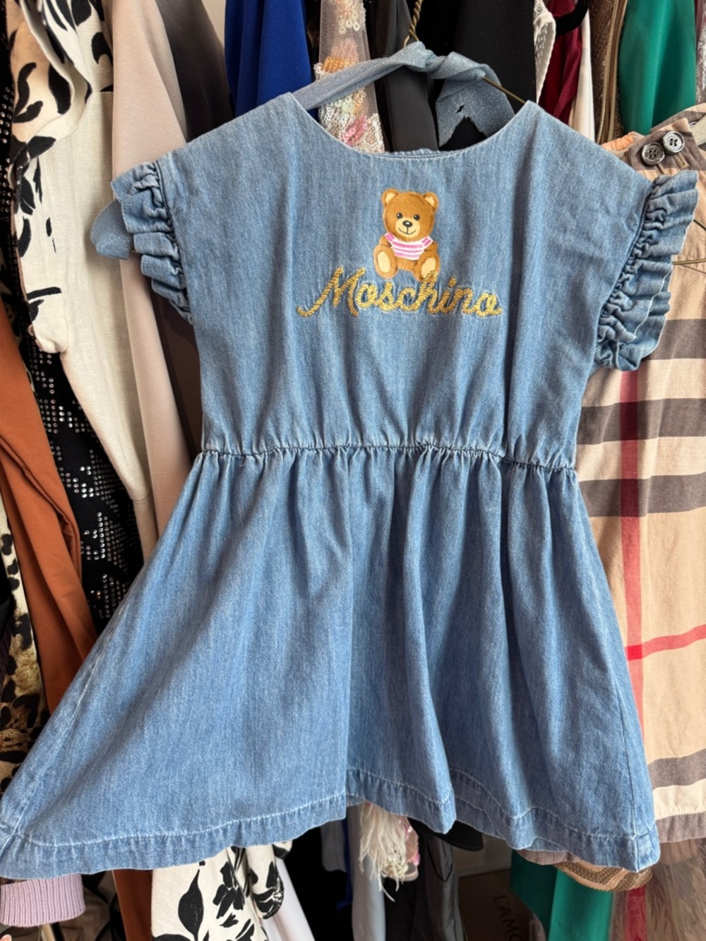 Moschino Light Blue Denim Teddy Bear Logo Girls Casual Dress